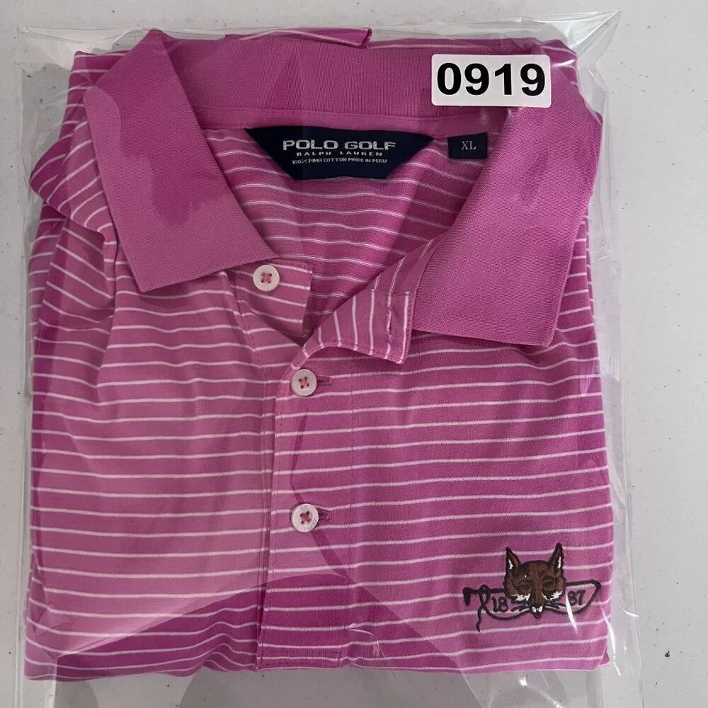 Polo Golf Ralph Lauren Mens XL Pink Striped Pima Cotton Fox Embroidery Preppy